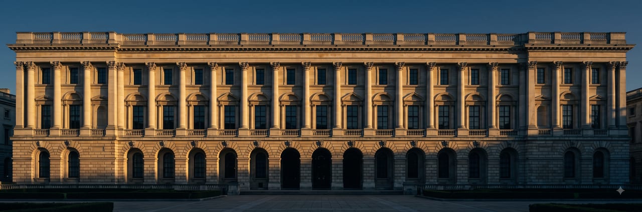 Stone institutional facade in low golden light with deep blue shadows.