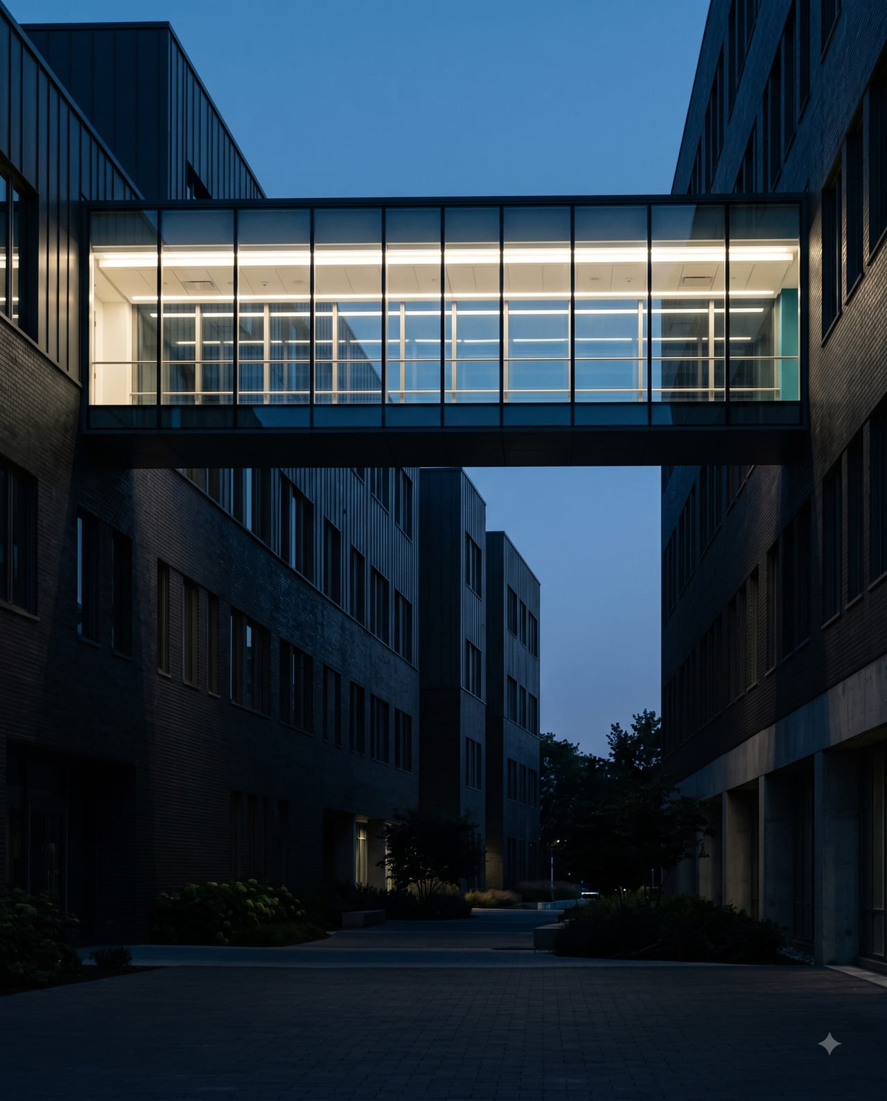 A lit glass corridor bridging two dark buildings at dusk.