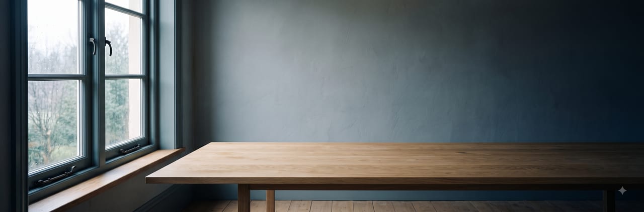 Soft daylight from a tall window falling on an empty desk.